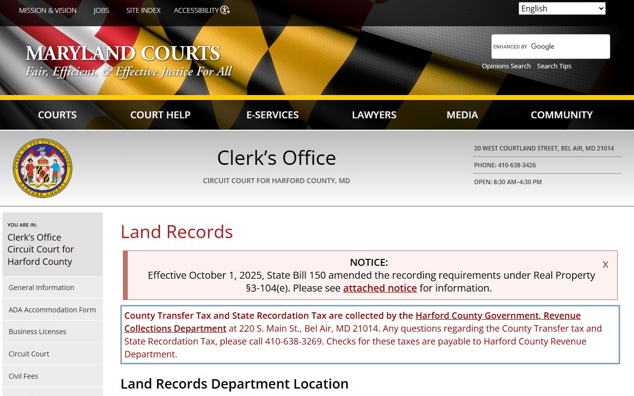 Harford County Circuit Court Land Records page for Bel Air South deed records