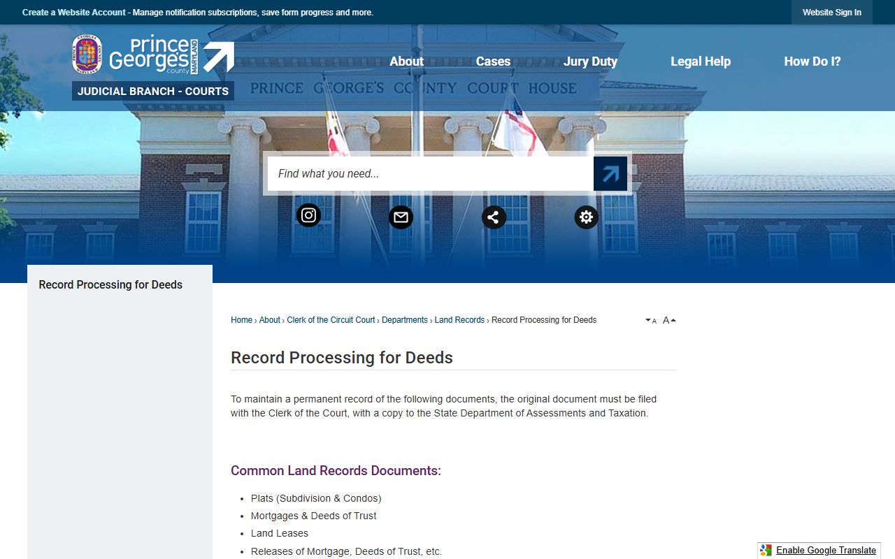 Prince George's County deed recording process page for Bowie land records