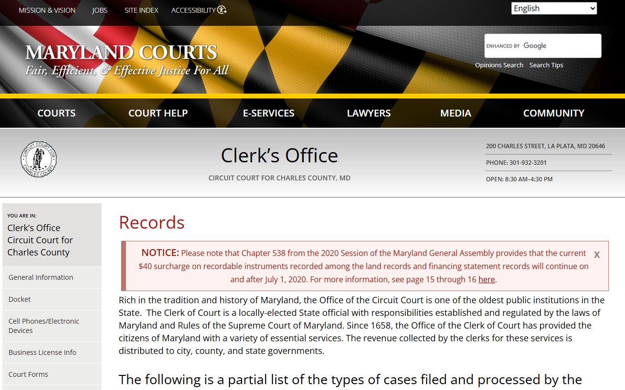 Charles County Circuit Court Clerk records page for Waldorf deed records