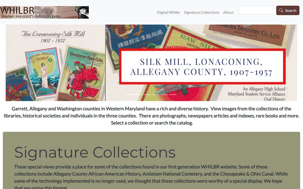 WHILBR historical records site showing land patents and early deed records for Allegany County