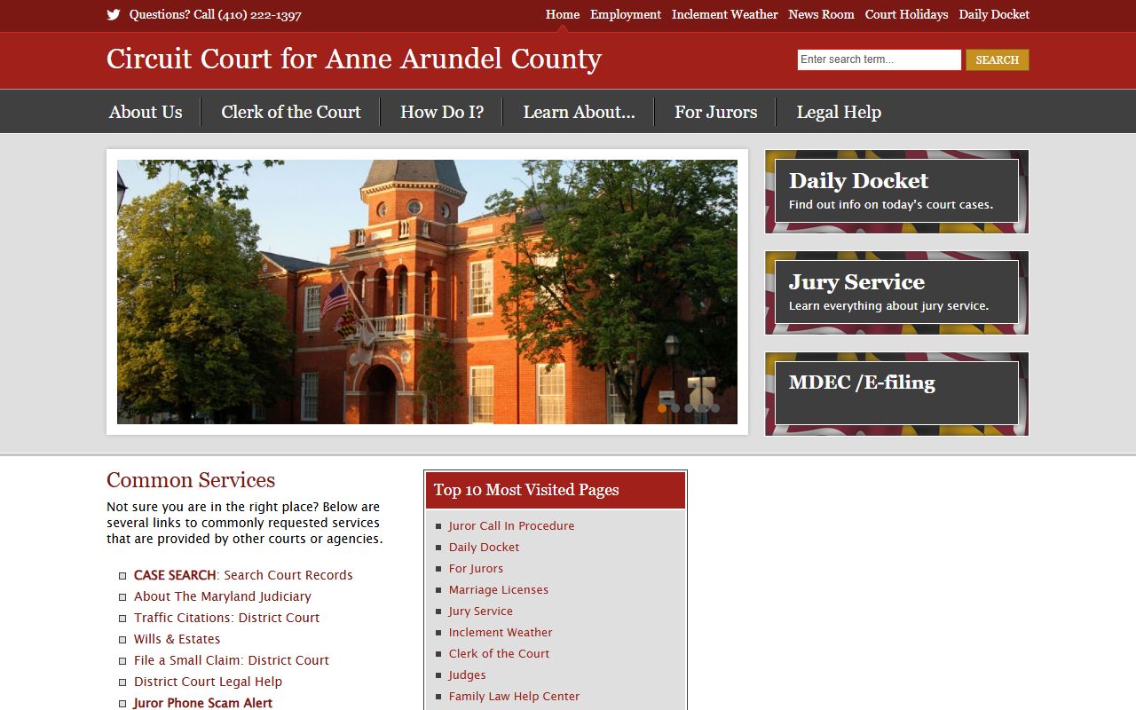 Anne Arundel Circuit Court website showing land records and deed information for the county