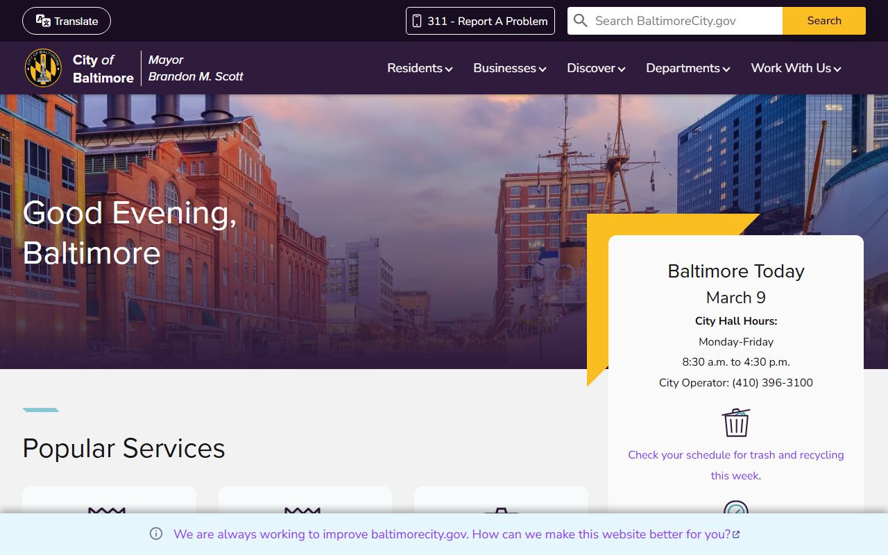 Baltimore City government website homepage showing land records and property services