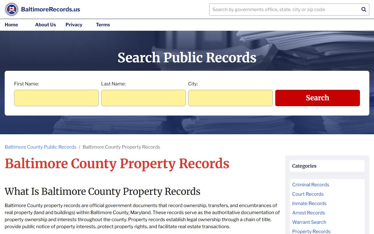 Baltimore County records portal website for searching land records and deed documents