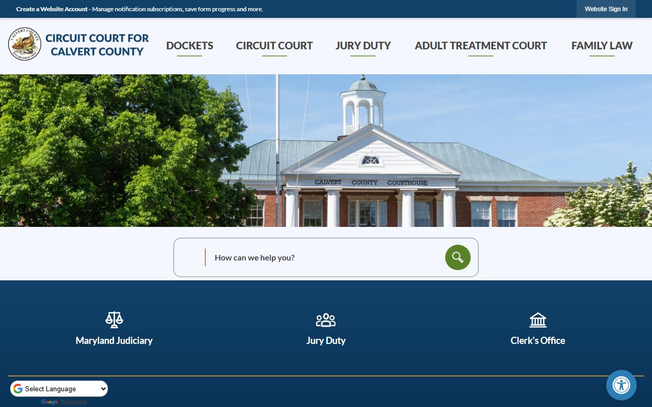 Calvert County Circuit Court website showing deed records information and clerk contact details