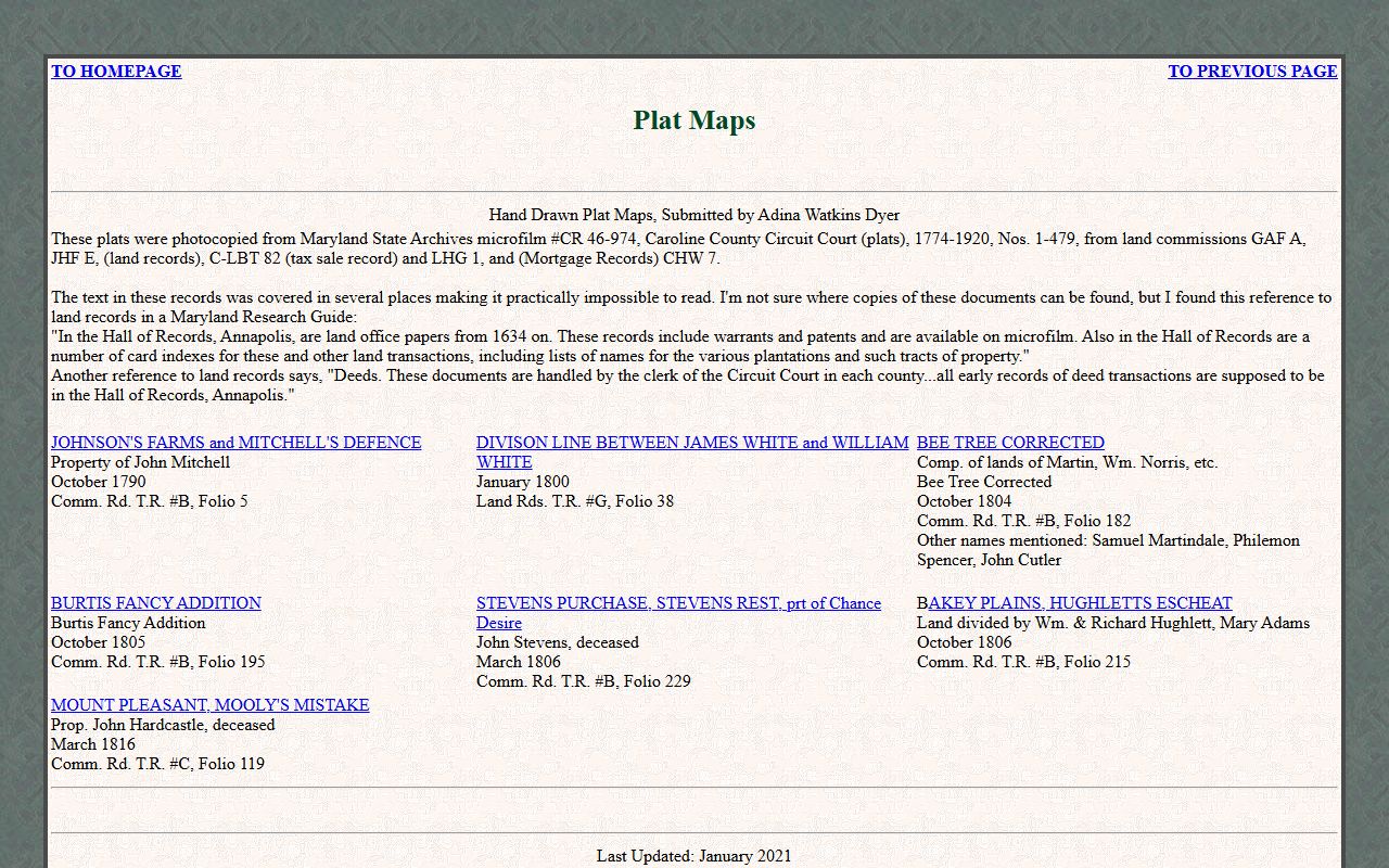 Historical plat maps from Caroline County Maryland showing early land divisions and property boundaries