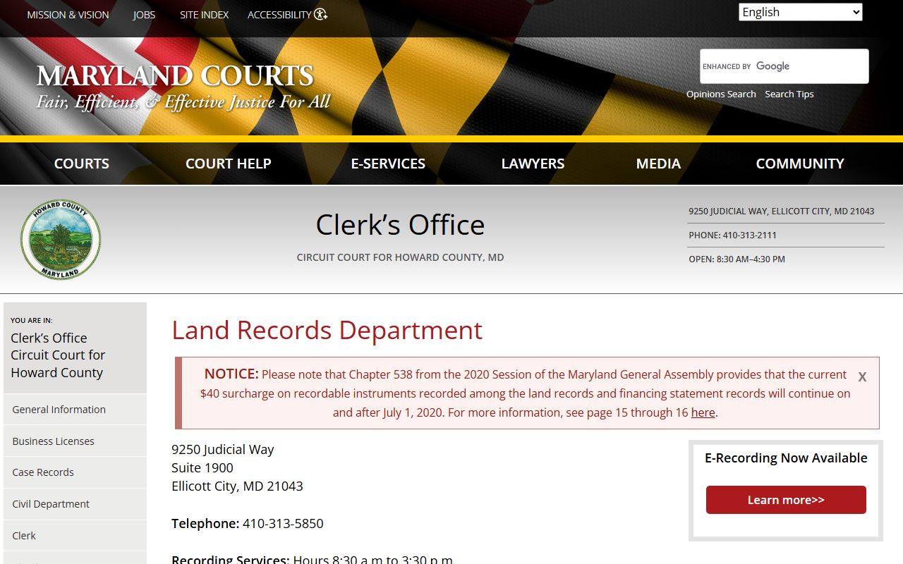 Howard County Circuit Court Clerk land records page for deed records