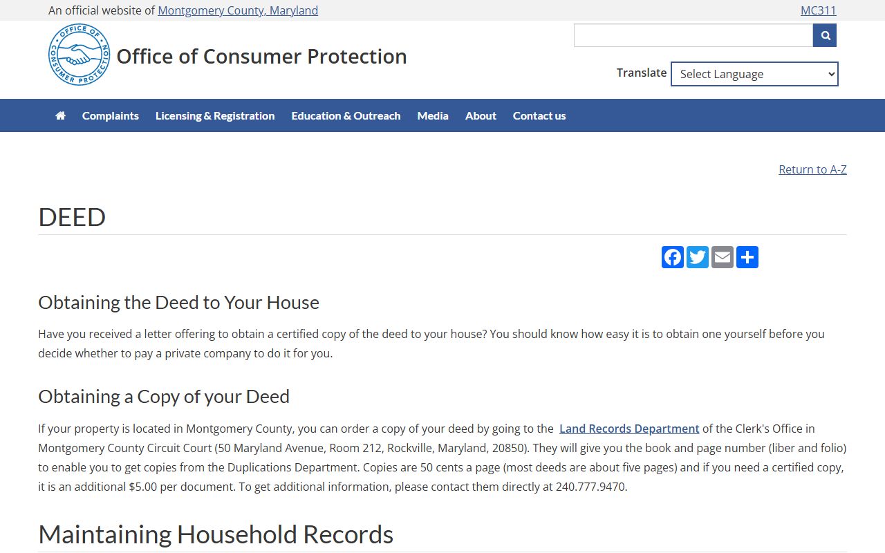 Montgomery County deed information page showing recording requirements for deed records