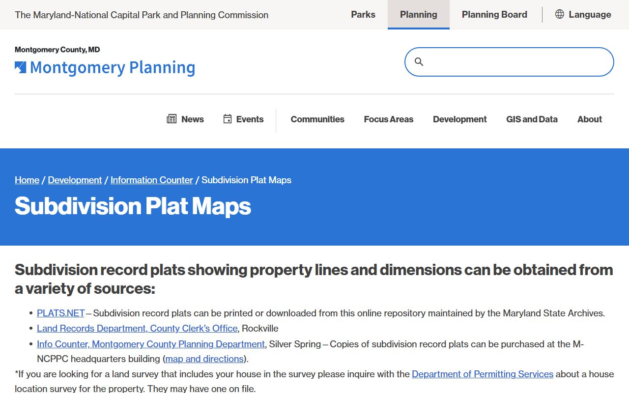 Montgomery County Planning subdivision plat maps for deed and land records research