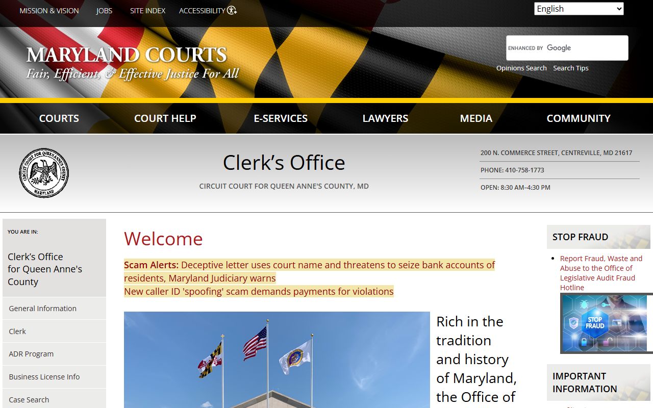 Queen Anne's County Circuit Court Clerk page with deed records information