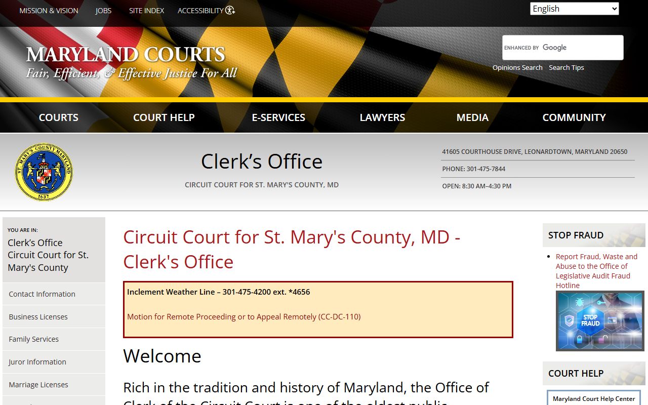 St. Mary's County Circuit Court Clerk page showing deed records information for Leonardtown