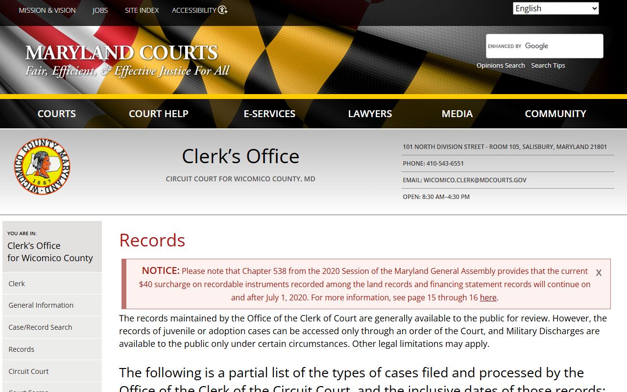 Wicomico County Circuit Court records page showing deed records and land records access options