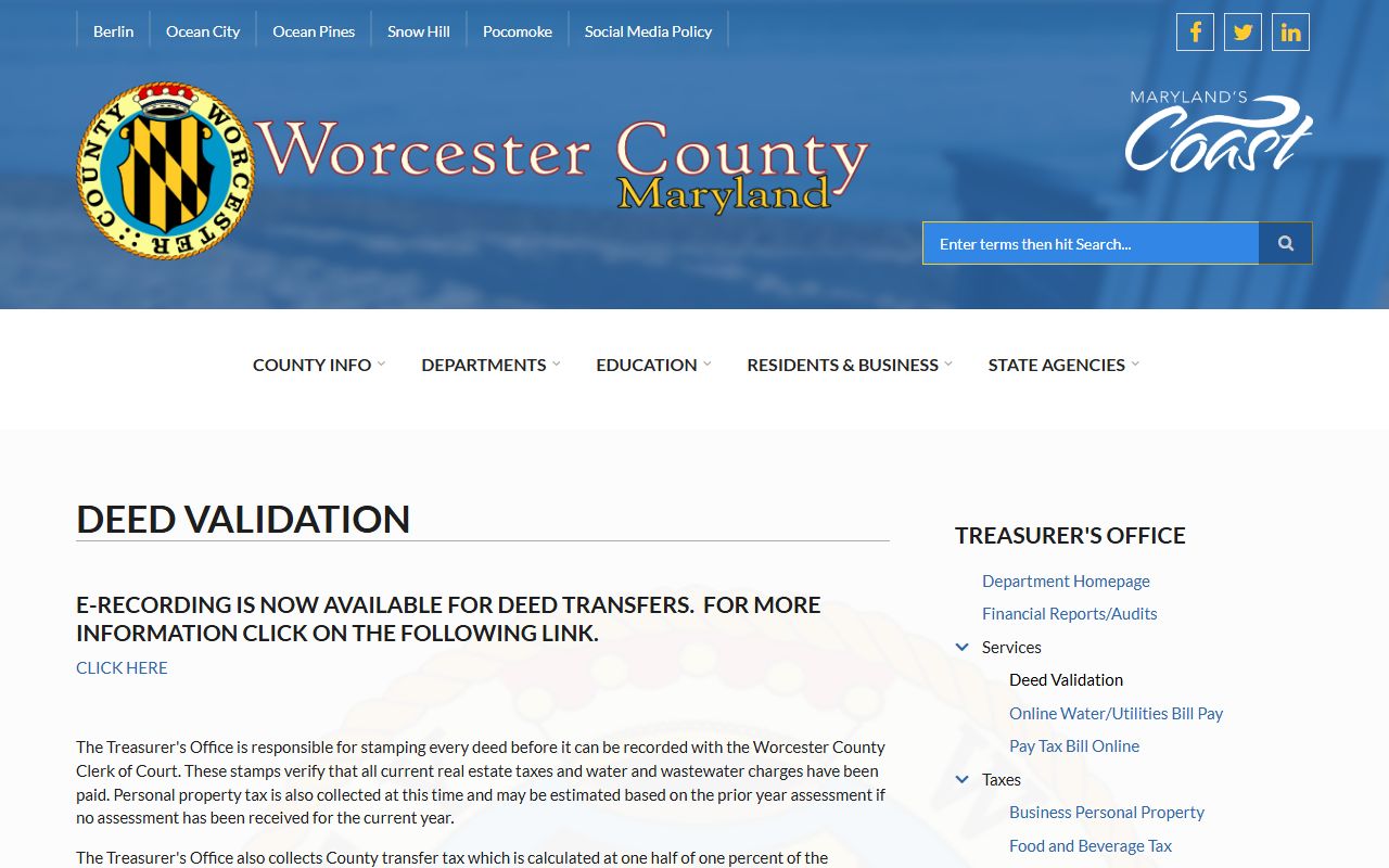 Worcester County deed validation process page for recording deed records with the Treasurer