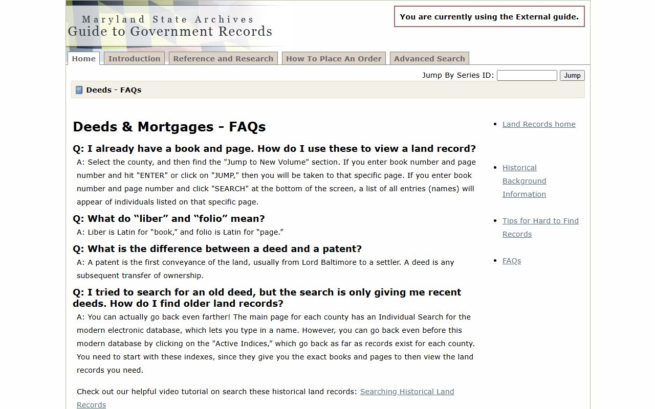 Maryland State Archives Deeds FAQ page explaining deed record terminology
